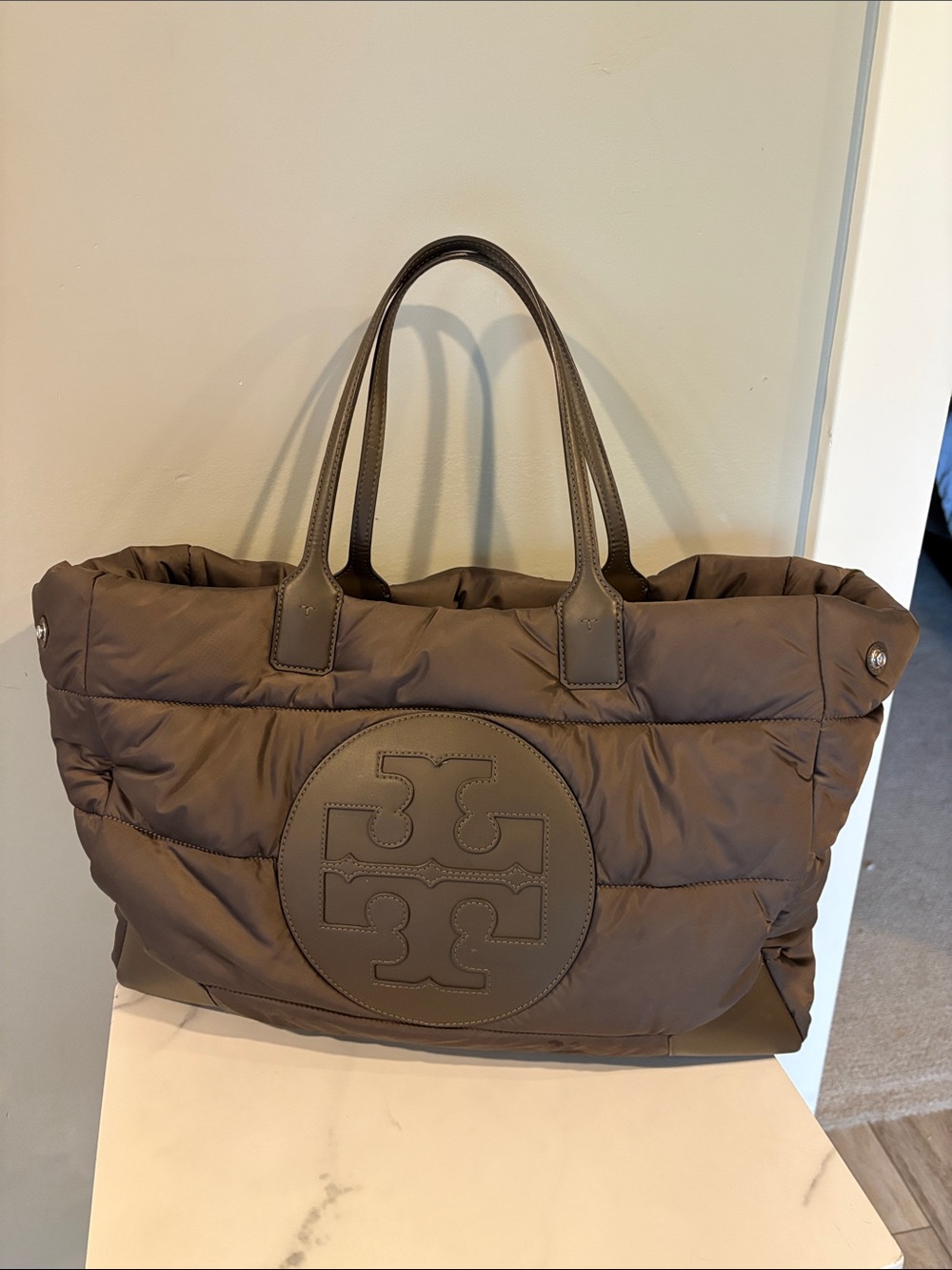 Tory Burch Quilted Puffer Tote in Brown